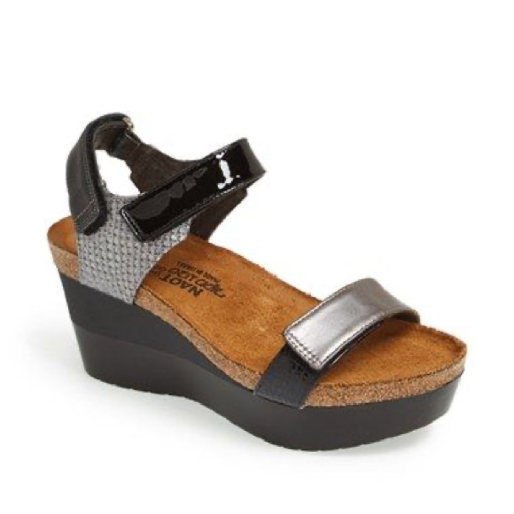 Naot Miracle Black & Silver Metallic Grey Platform Wedge Sandal Size 39